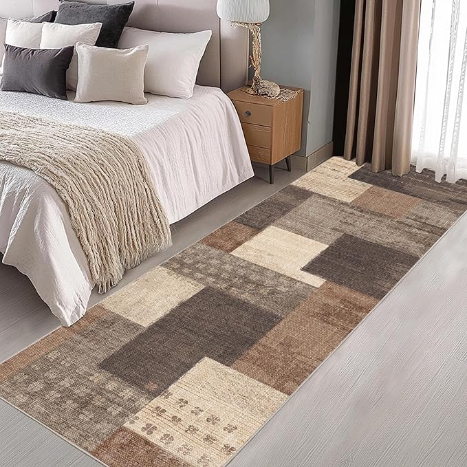 Modern Geometric Patchwork Indoor Runner Rug for Living Room, Beige 2'x 6' Large Rug Rockwood Collection Hardwood Floors Decor for Bedroom, Beige Throw Carpet for Office Entryway Dining Room