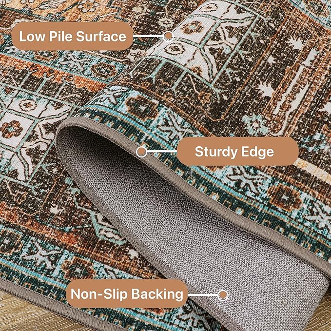 Bavni Washable Rug 4x6 Area Rug for Living Room Bedroom Dining, Washable Print Carpet, Low Pile Lightweight Rug with Non Slip Backing, Vintage Brown/Blue