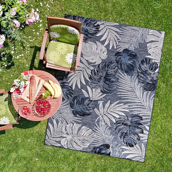 CAMILSON Indoor Outdoor Rug Navy Blue 5x7 Leaf Tropical Botanical Area Rugs for Indoor and Outdoor patios, Easy-Cleaning Non-Shedding Living Room Garden and Kitchen Washable Outside Carpet (5 x 7)