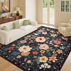 DUKINO 8x10 Area Rug, Floral Rugs for Living Room, Lightweight Non Slip Washable Rug, Indoor Low Pile & Non-Shedding Boho Design Rugs for Bedroom, Living Room, Dining Room, Black