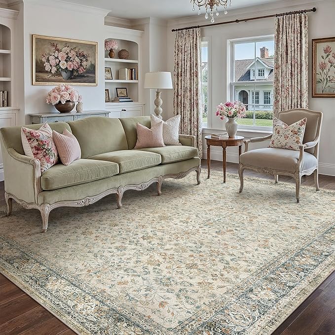 Beige Area Rug 5x7 Living Room Machine Washable Vintage Carpet Non Slip Indoor Retro Traditional Accent Throw Large Rug for Office Kitchen Bedroom Dining Room