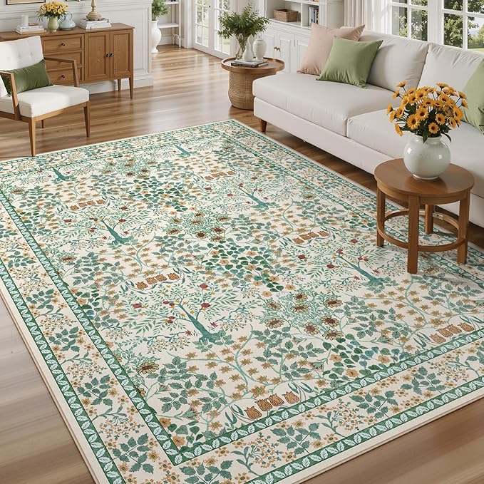 9x12 Area Rug Living Room Rug - Floral Vintage Forest Washable Carpet, Low Pile Non-Slip Stain Resistance Boho Soft Large Carpet for Bedroom, Dining Room Under Table, Farmhouse (9'x12' Beige Green)