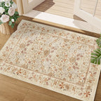 DUKINO 2x3 Entryway Rug, Floral Washable Area Rug with Non Slip Indoor Door Mat, Vintage Low Pile Small Front Door Throw Carpet for Kitchen, Entrance, Bathroom, Bedroom, Beige