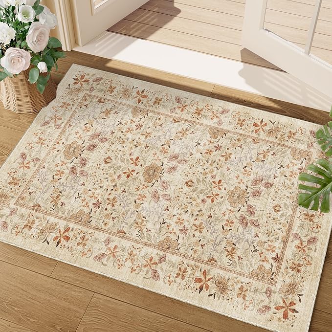 DUKINO 2x3 Entryway Rug, Floral Washable Area Rug with Non Slip Indoor Door Mat, Vintage Low Pile Small Front Door Throw Carpet for Kitchen, Entrance, Bathroom, Bedroom, Beige