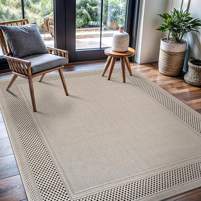 CAMILSON Easy Jute Rug 8x10, Indoor Outdoor Off-White Color Fiber Area Rugs for Entry, Living Room and Bedroom Rug, Bordered Boho Woven Design, Easy-Cleaning, Washable Outside Carpet (8 x 10)