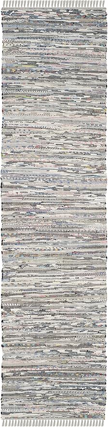 SAFAVIEH Rag Rug Collection Runner Rug - 2'3" x 8', Grey, Handmade Boho Stripe Cotton, Ideal for High Traffic Areas in Living Room, Bedroom (RAR121A)