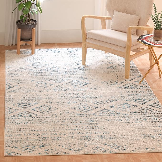 SAFAVIEH Area Rug 6x9 - Tulum Collection - Ivory & Turquoise, Moroccan Boho Tribal Design, Non-Shedding & Easy to Clean, Ideal for Living Room, Bedroom, Dining Space (TUL272E)