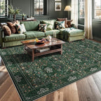 8x10 Floral Washable Area Rugs for Living Room, Vintage Boho Large Rug for Bedroom Dining Room， Distressed Botanical Birds Non Slip Low Pile Animal Throw Carpet for Farmhouse Office, Bright Green