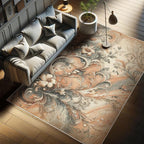 Ambesonne Floral Art Decorative Rug, Abstract Marble Print Look Victorian Curlicue Leaves Boho Flowers, Quality Carpet for Bedroom Dorm and Living Room, 4' X 5' 5", Salmon Blue Grey Eggshell
