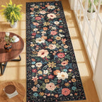 DUKINO Runner Rug, 2x7 Boho Kitchen Rug for Hallways with Low Pile Design, Washable Non Slip Backing Soft Floral Runner for Kitchen, Hallway, Entryway, Bedroom, Laundry, Black