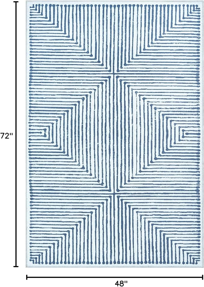 Bloom Rugs Washable Non-Slip 4' x 6' Rug - Blue/Ivory Striped Area Rug for Living Room, Bedroom, Dining Room, and Kitchen - Exact Size: 4' x 6'