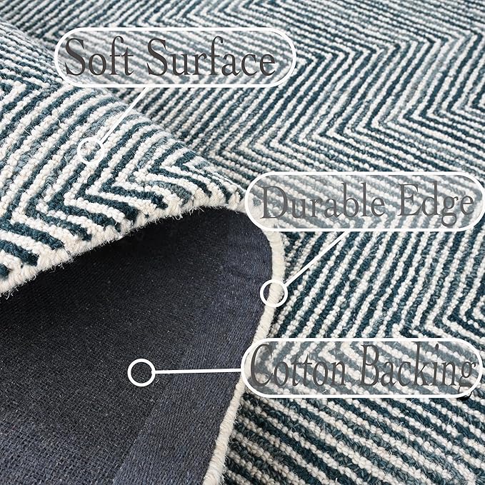 Modern Herringbone Chevron Collection Handcrafted Wool Area Rug - Durable, Zigzag Pattern, for High Traffic, Contemporary Design for Living Room, Bedroom, Dining Room Decor (Denim Blue, 9' x 12')