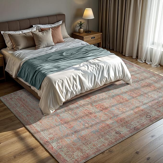 GLN Rugs Traditional Collection - Machine Washable Area Rug, Traditional Washable, Non Slip, Low Pile Chenille Rug, Living Room, Bedroom, Kitchen Rug (8' x 10' Terra/Multicolor 1153)