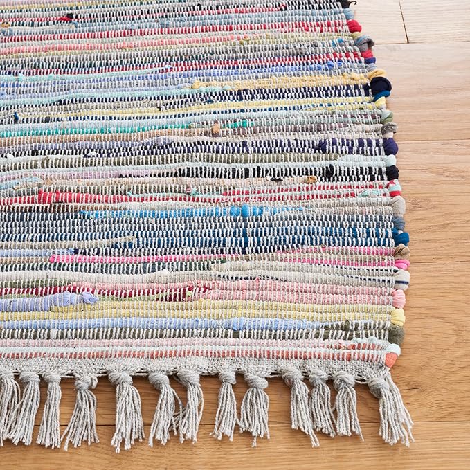 SAFAVIEH Rag Rug Collection Runner Rug - 2'3" x 9', Grey & Multi, Handmade Boho Stripe Cotton, Ideal for High Traffic Areas in Living Room, Bedroom (RAR121M)