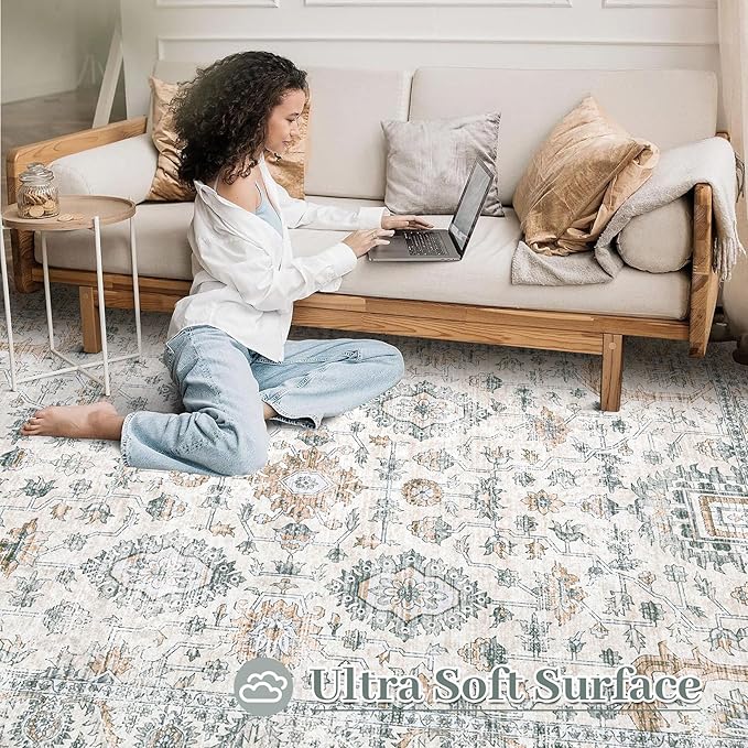 Area Rug 5x7 Living Room Rug, Machine Washable Vintage Distressed Boho Area Rug Non-Slip Soft Low Pile Large Indoor Rugs for Bedroom Kitchen Dining Room Office(Brown Green,5'x7')