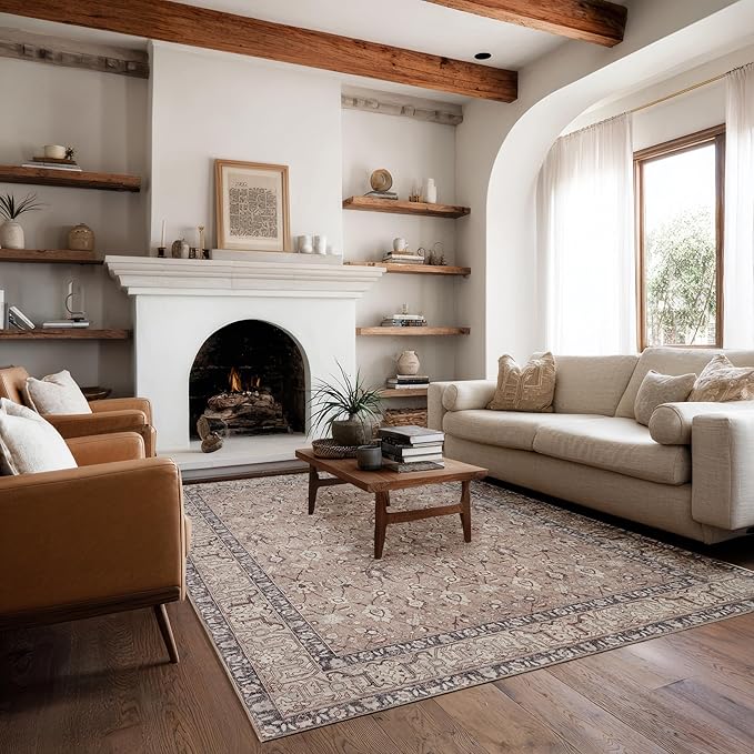 Kuden 4x6 Area Rug, Machine Washable Area Rug with Non-Slip Backing, Vintage Style, Soft, Easy Clean, Low Pile Rug for Living Room, Bedroom, Dining Room
