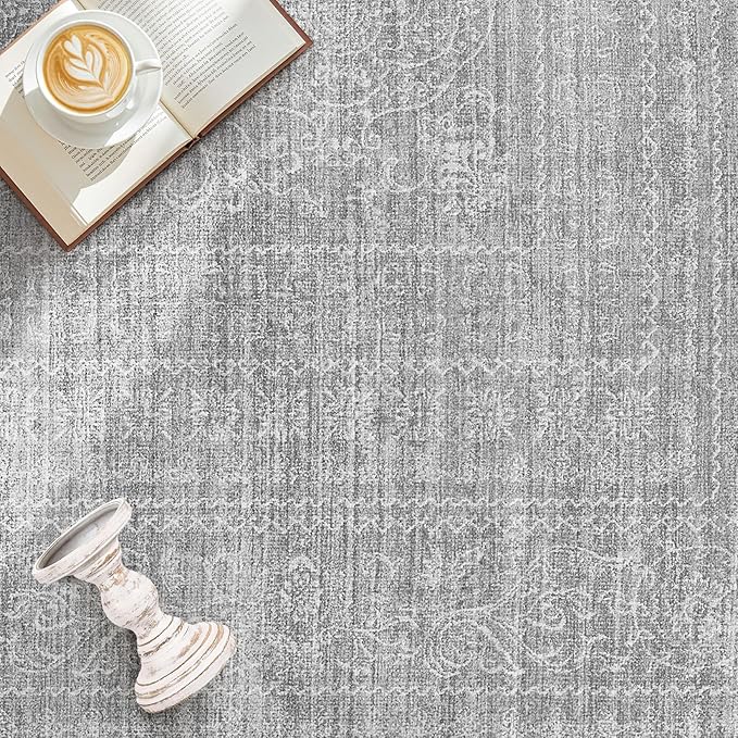5x7 Area Rugs Living Room: Washable Large Vintage Grey Rug Neutral Non-Slip Soft Stain Resistant Indoor Carpet for Bedroom Nursery Dining Room Under Table Bed Home House Office Playroom
