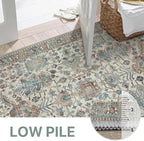 Area Rugs 8x10 Clearance Washable Boho Rug for Bedroom Living Room, Non Slip Thin Low Pile Chenille Carpet for Dining Room,Vintage Farmhouse, Blue/Ivory