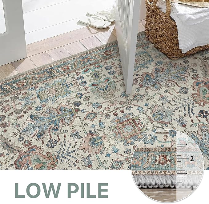 Bavni Bedroom Rug Runners for Hallways, Washable Runner Rug 2x10, Low Pile Non-Slip Indoor Throw Carpet for Bedroom Laundry Room, Blue/Ivory