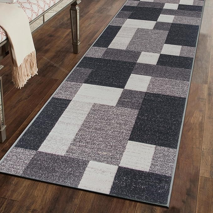 Rugshop Modern Boxes Design Non-Slip (Non-Skid) Carpet for Kitchen, Hallway,Entryway Runner Rug 2'7" x 6' Gray