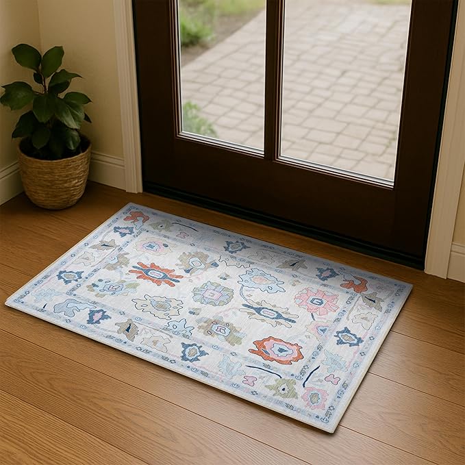 Fame Living Cream Oushak Rug, Modern Small Rugs, Vintage, Turkish, Eclectic, Floral, Pastel, Washable, Door Mat, Doormat for Indoor Entrance, Entryway, Kitchen, Bathroom, Bedroom, Laundry, 2'x3'