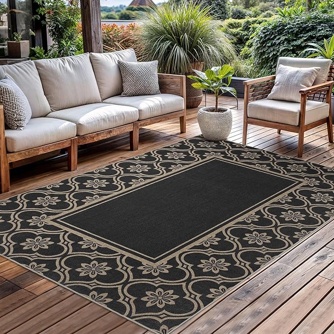 Moroccan Floral Easy Jute Rug 5x7 Outdoor Patio Rug Washable Area Rugs for Living Room Bedroom Non Slip Neutral Farmhouse Indoor Outdoor Carpet for Backyard Patio Office