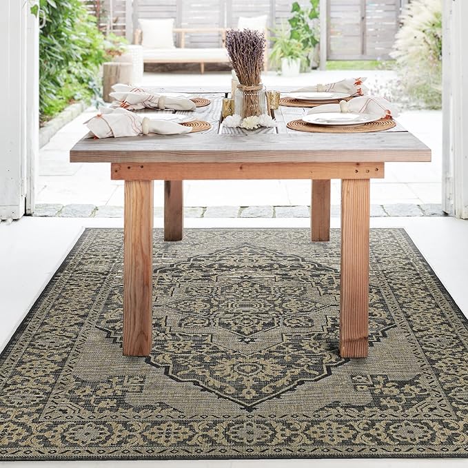 FH Home Flat Woven Outdoor Rug - Waterproof, Easy to Clean, Stain Resistant - Premium Polypropylene Yarn - Vintage - Porch, Deck, Balcony,Laundry Room - Ankara - Charcoal - 2ft 8in x 4 ft 11in