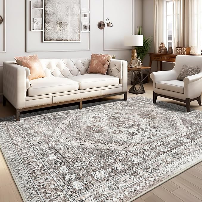 zesthome 7x9 Area Rug, Super Soft Washable Rugs for Living Room, Non-Slip Stain Resistant Vintage Rugs, Ultra-Thin Large Area Rugs (Brown/Beige,7'x9')