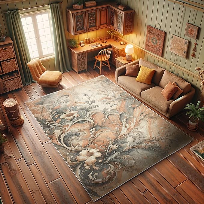 Ambesonne Floral Art Decorative Rug, Abstract Marble Print Look Victorian Curlicue Leaves Boho Flowers, Quality Carpet for Bedroom Dorm and Living Room, 4' X 5' 5", Salmon Blue Grey Eggshell