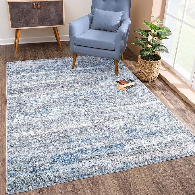 Bloom Rugs Washable Non-Slip 4' x 6' Rug - Gray/Blue/Blush Modern Abstract Area Rug for Living Room, Bedroom, Dining Room, and Kitchen - Exact Size: 4' x 6'
