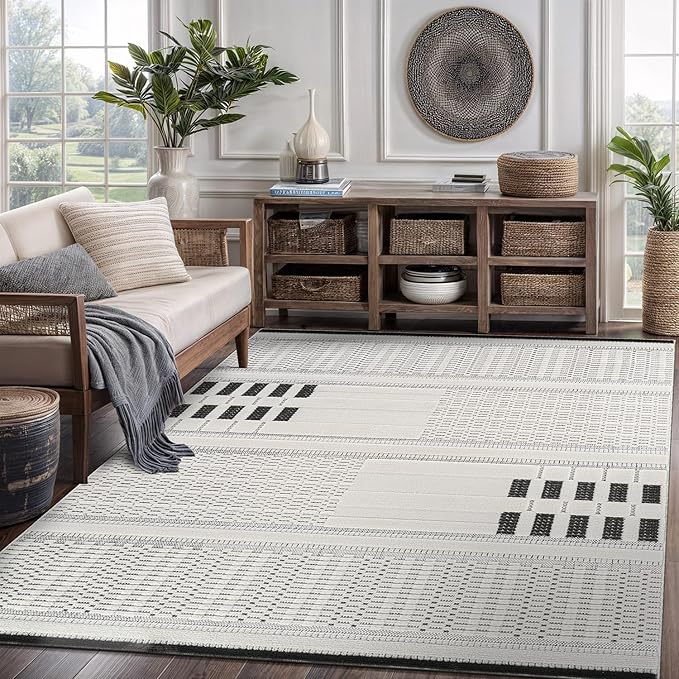 CAMILSON Modern Rug 5x7 Luxury Geometric Pattern Micro Loop Area Rugs Soft High and Low Pile Stain Resistant Easy to Clean Non-Shedding Durable Living Room Kitchen Indoor Carpet (White/Black)