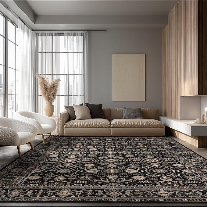 Area Rug Non Slip Machine Washable Ultra Soft Living Room/Bedroom/Kitchen/Outdoor/Classroom Black Gold, 8'×10'