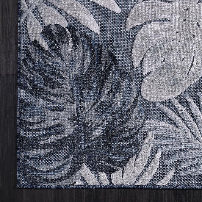 CAMILSON Indoor Outdoor Rug, Navy Blue 6’x9’ Leaf Tropical Botanical Area Rugs for Indoor and Outdoor patios, Easy-Cleaning Non-Shedding Living Room, Garden and Kitchen Washable Outside Carpet (6x9)
