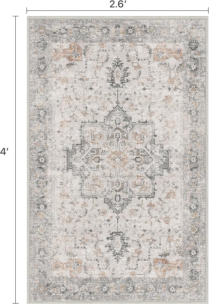 Runner Rug 2'6''x4, Non Slip Hallway Runner Rugs, Low Pile Lightweight Machine Washable Vintage Rug for Hallway, Entryway, Bedroom, Kitchen and Corridor,Light Taupe Brown