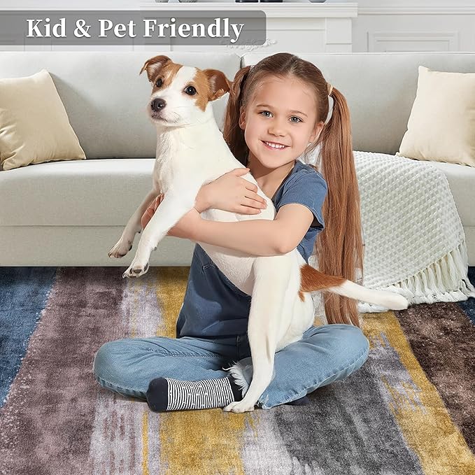 Ciicool 2x6 Washable Runner Rug, Modern Abstract Hallway Rugs Runner, Non-Slip Thin Accent Rug Lightweight Yellow Grey Blue Print Distressed Carpet for Laundry Entryway Bedroom Kitchen Indoor