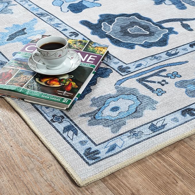 Fame Living Navy Blue Oushak Rug, Modern, Vintage, Turkish, Eclectic, Floral, Pastel, Washable, Oversized, Extra Large Area Rugs for Living Room, Dining, Bedroom, Lounge 9'5"x14'