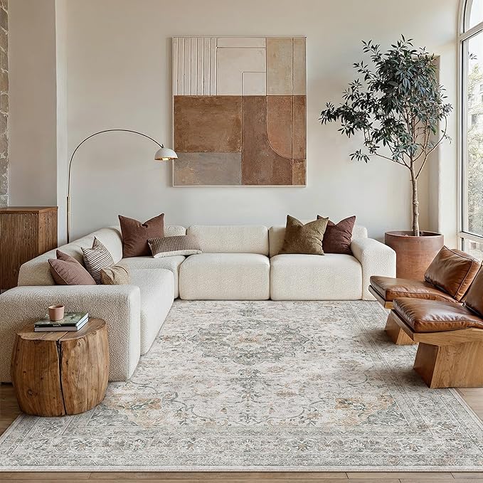 6x9 Washable Vintage Area Rug for Living Room Bedroom Soft Tranditional Non Slip Large Throw Rug Lightweight Floral Low Pile Distressed Carpet Office Playroom Dinning Laundry Room