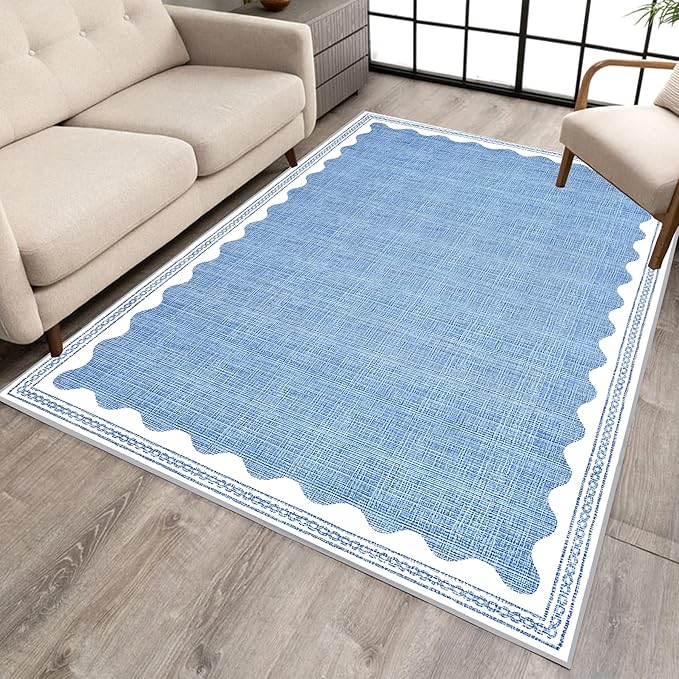 Scalloped Rug 3x5 Rugs Washable Non-Slip Low-Pile for Entryway Solid Blue Rug for Dining Room,Ultra Soft Modern Contemporary Aesthetic Carpet for Bathroom Living Room Dining Table