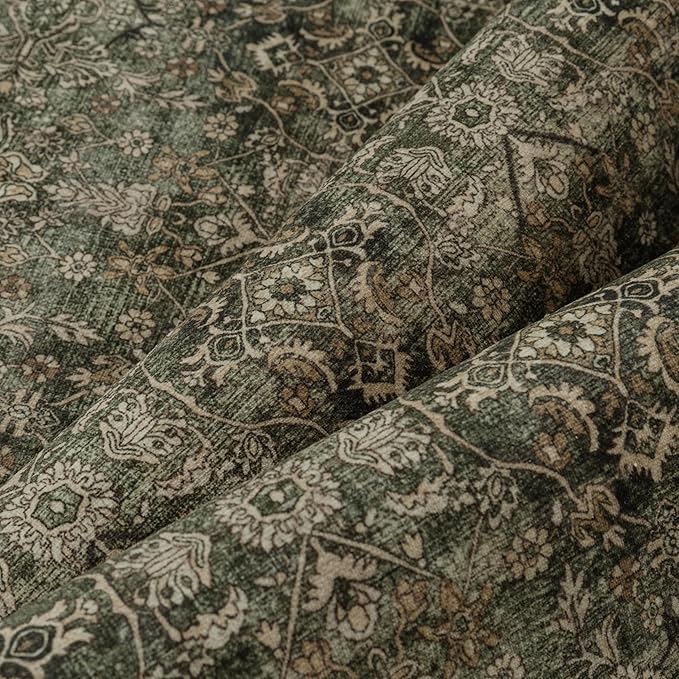 Hallway Runner Rug 2x6 Green Brown Vintage Washable Kitchen Carpet Traditonal Distressed Soft Non Slip Long Runner Retro Low Pile Thin Rug for Laundry Bedroom Entrance Bathroom