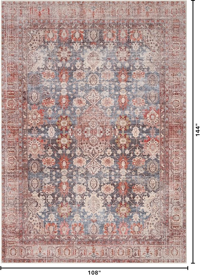 Kuden 9x12 Large Area Rug, Machine Washable Area Rug with Non-Slip Backing, Vintage Style, Soft, Easy Clean, Low Pile Rug for Living Room, Bedroom, Dining Room