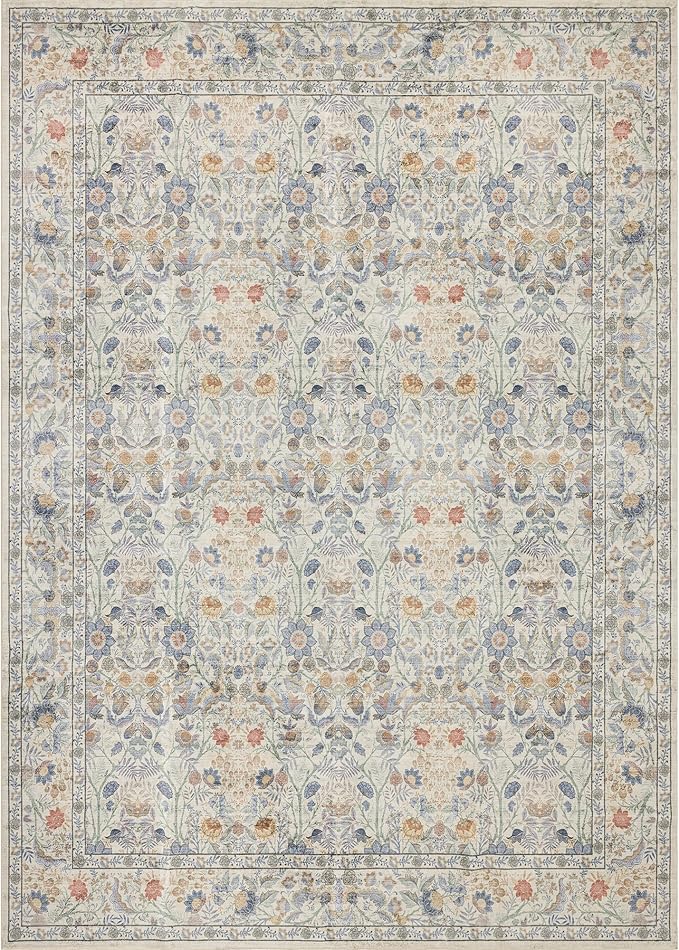 Washable Living Room Rug: 10x14 Boho Floral Soft Area Rug for Bedroom Decor - Vintage Low Pile Thin Carpet for Dining Room Non-Slip - Farmhouse Stain Resistant Rugs - Beige Blue