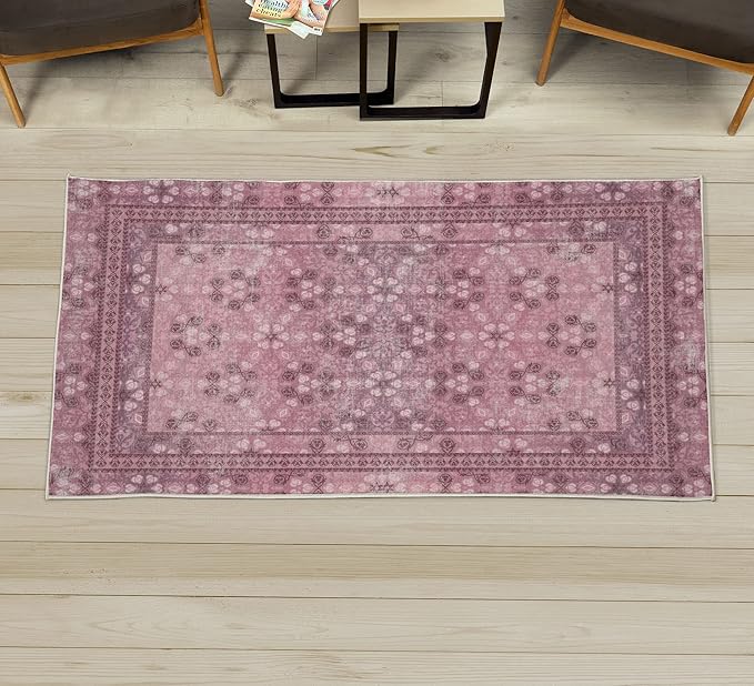 Ambesonne Vintage Decorative Rug, Nostalgic Retro Floral Petals Pastel Look Damask Check Victorian Motif, Quality Carpet for Bedroom Dorm and Living Room, 2' 2" x 3' 7", Dark Mauve and Pink