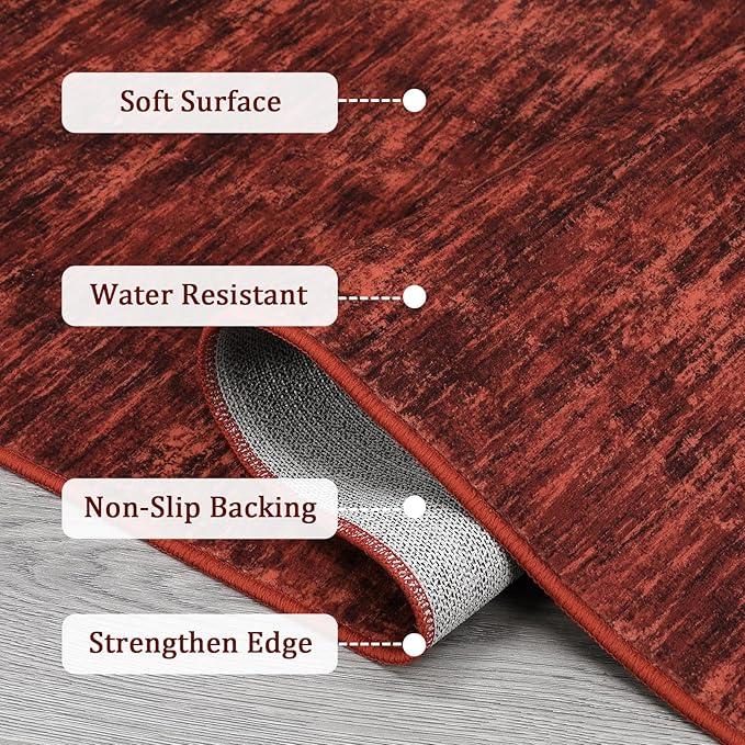 RUGSREAL 2x6 Runner Rug Washable Kitchen Runner Rug Modern Abstract Runner Mat for Hallway Contemporary Solid Rug Non-Slip Foldable Aesthetic Accent Floor Carpet for Living Room Bedroom, Red