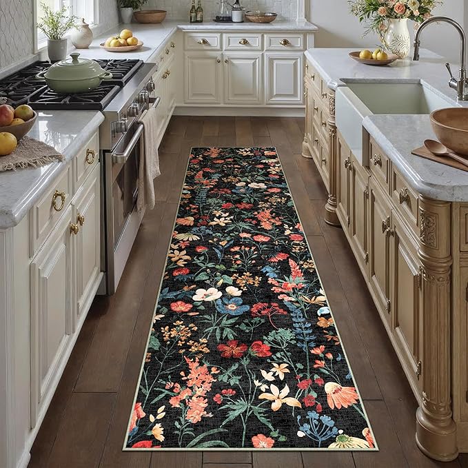 Floral Runner Rug 2x7 Washable Hallway Long Black Bedroom Carpet Non Slip Indoor Boho Kitchen Low Pile Accent Rug Lightweight Soft for Bathroom Dining Laundry Living Room
