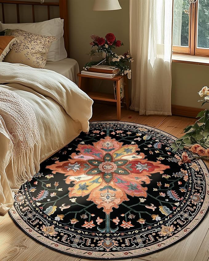 Area Rugs 6ft Washable Non-Slip, Floral Vintage Distress Print Pattern Medallion Carpet for Living Room Bedroom Dining Room, Black Colorful Floral Dark Tan
