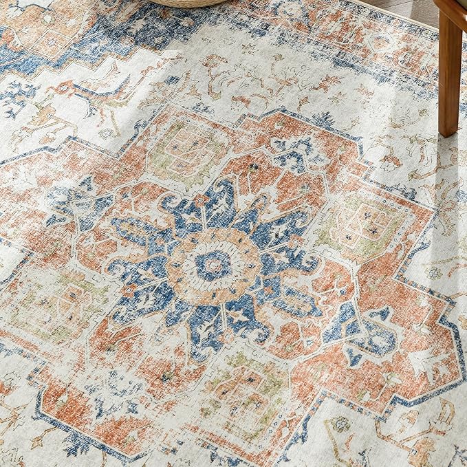 jinchan Kelda Area Rug 9x12 Washable Living Room Rug Vintage Indoor Large Floor Cover Distressed Lightweight Non-Slip Low Pile Thin Mat Accent Stain Resistant Carpet for Bedroom Office Orange