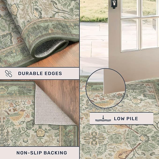 Floral Large Rugs for Living Room 10x14 - Sage Green Area Rug for Dining Room Under Kitchen Table, Large Bedroom, Playroom, Washable Folable Non Skid Low Pile Indoor Carpet