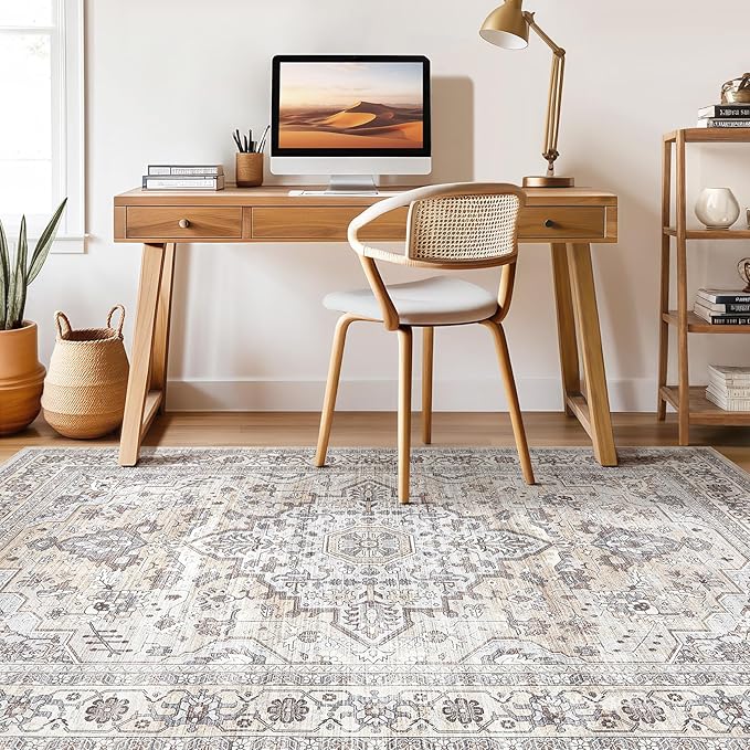 6x8 Area Rug Living Room: Washable Boho Large Neutral Vintage Soft Rugs Stain Resistant Farmhouse Non Slip Indoor Floor Carpet for Bedroom Nursery Kids Playroom Office Dining Room Home- Ivory Gray