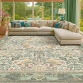 Boho Dining Room Rugs for Under Table 9x12 - Plant & Bird Patterned Rugs for Living Room, Bedroom Under Bed, Traditional Victorian Sage Green Décor, Washable Non Slip Folable Lightweight Carpet