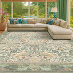 Boho Dining Room Rugs for Under Table 9x12 - Plant & Bird Patterned Rugs for Living Room, Bedroom Under Bed, Traditional Victorian Sage Green Décor, Washable Non Slip Folable Lightweight Carpet